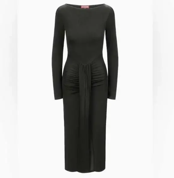 Staud Gres Midi Dress Black Ruched Slimming Long Sleeve Boat Neck Minimal Small - Picture 1 of 12